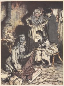 Eine alte Familie in ihrem Haus mit einem Mann, der ihnen Vorhänge anbietet