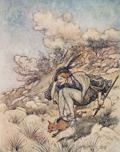 Sie flogen über Stock und Stein, so schnell, dass sein Haar im Wind pfiff, aus Die Märchen der Brüder Grimm, veröffentlicht 1909 von Arthur Rackham