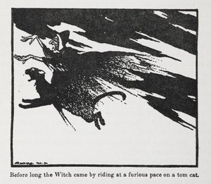 Bald kam die Hexe wütend auf einem Kater reitend vorbei. von Arthur Rackham