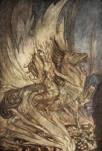 Brunnhilde auf Grane springt auf den Scheiterhaufen von Siegfried, Illustration aus 