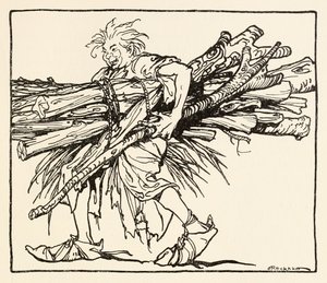 Carl baut einen Unterschlupf für die Nacht, aus The Carl of the Drab Coat in Irish Fairy Tales