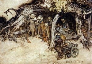 Elfen machen eine Jacke. Illustration von Arthur Rackham (1867-1939) für Ein Sommernachtstraum von William Shakespeare