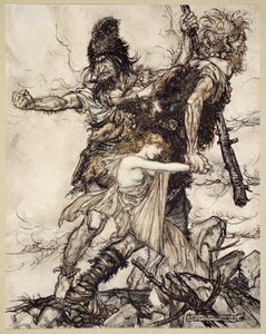 Fasolt ergreift plötzlich Freia und zieht sie mit Fafner zur Seite, Illustration aus 