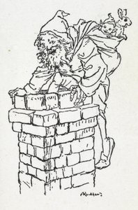 Weihnachtsmann klettert mit einem Sack voller Geschenke den Schornstein hinunter