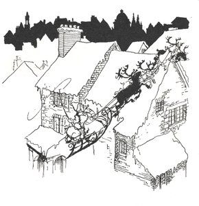 Weihnachtsmann in seinem Schlitten fliegt über verschneite Dächer von Arthur Rackham