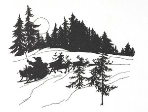 Weihnachtsmann, der durch einen verschneiten Wald auf seinem Schlitten fährt von Arthur Rackham