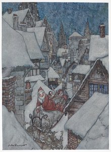 Weihnachtsmann fährt mit seinem Schlitten durch verschneite Straßen