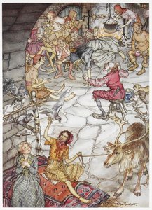 Gerda und das kleine Räubermädchen im Räuberschloss von Arthur Rackham