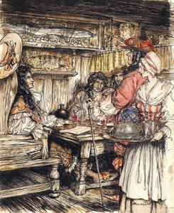 Gehe und sieh in einem der Kaffeehäuser in der King Street in Westminster, Illustration aus The Compleat Angler von Isaac Walton, 1931 von Arthur Rackham