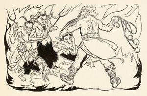 Goll mac Morna stürmt die Hölle, um Fionn und die Fianna-Finn zu retten, aus The Little Brawl at Allen in Irish Fairy Tales