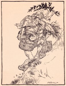 Ständig stöhnend, bestieg er den Berg. Illustration von Arthur Rackham aus Grimms Märchen Die Gänsemagd am Brunnen.