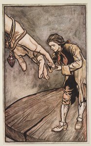 Gulliver küsst die Hand der Königin von Brobdingnag (aus Gullivers Reisen von Jonathan Swift) von Arthur Rackham