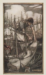 Gulliver ergreift die feindliche Flotte, aus Gullivers Reisen von Jonathon Swift von Arthur Rackham