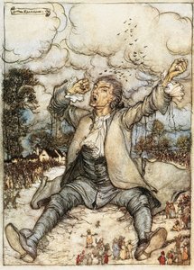 Gulliver erwacht in Lilliput, Illustration aus Gullivers Reisen von Jonathan Swift, von Arthur Rackham