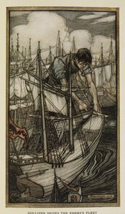 Gulliver erobert die feindliche Flotte, Illustration aus Gullivers Reisen von Jonathan Swift, von Arthur Rackham von Arthur Rackham