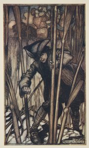 Gulliver erschrickt beim ersten Anblick der Brobdingnagianischen Schnitter, aus Gullivers Reisen von Jonathan Swift (1667 - 1745), veröffentlicht 1909 von Arthur Rackham