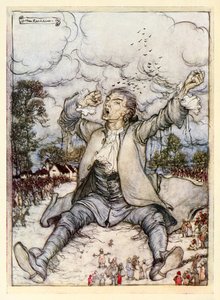 Gulliver wird von den Fäden befreit, erhebt sich und streckt sich, aus Teil I: Eine Reise nach Lilliput in Gullivers Reisen von Jonathan Swift