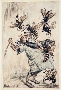 Gullivers Kampf mit den Wespen, aus Gullivers Reisen von Jonathon Swift, veröffentlicht 1909