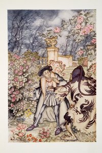 Er hörte ein lautes Geräusch und sah ein Tier auf sich zukommen, so furchterregend anzusehen, dass er vor Angst fast in Ohnmacht fiel, aus The Arthur Rackham Fairy Book, veröffentlicht 1933