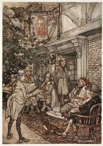 Er tröstete sich, indem er häufig einen Art ewigen Club der Weisen, Philosophen und anderen Müßiggänger besuchte, der seine Sitzungen vor einem kleinen Gasthaus abhielt., aus Rip Van Winkle von Washington