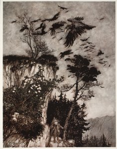 Er wurde nur von einer Schar fauler Krähen beantwortet., aus Rip Van Winkle von Washington Irving, veröffentlicht 1910 von Arthur Rackham