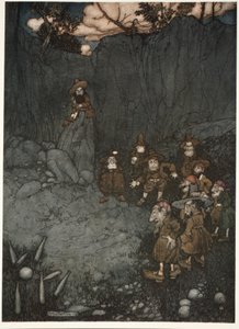 Sein Vater hatte sie in ihren alten holländischen Kleidern beim Kegeln gesehen., aus Rip Van Winkle von Washington Irving, veröffentlicht 1910 von Arthur Rackham