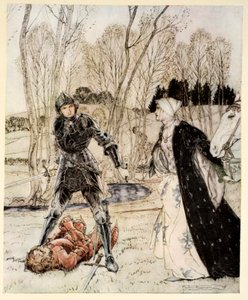 Wie Beaumains den Roten Ritter besiegte und die Jungfrau immer viele böse Worte zu ihm sprach, Illustration aus 
