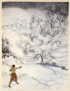 Wie Sir Launcelot von einer Dame beim Jagen erschossen wurde, Illustration aus 