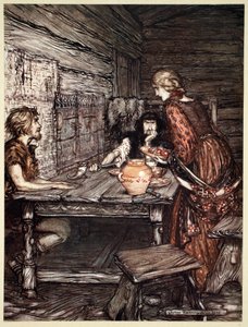 Hunding entdeckt die Ähnlichkeit zwischen Siegmund und Sieglinde von Arthur Rackham