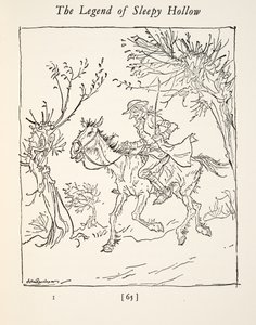 Ichabod Crane flieht vor dem kopflosen Reiter, aus Die Legende von Sleepy Hollow von Washington Irving (1783 - 1859), veröffentlicht 1928