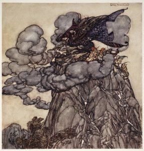 Wenn sie verärgert war, braute sie Wolken schwarz wie Tinte, saß in ihrer Mitte wie eine dickbauchige Spinne in ihrem Netz; wenn diese Wolken brachen, wehe den Tälern!, aus Rip Van Winkle von Arthur Rackham