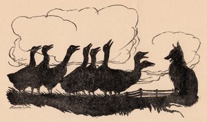 Illustration von Arthur Rackham aus Grimms Märchen, Der Fuchs und die Gänse von Arthur Rackham