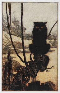 Illustration einer schwarzen Katze aus Jorinde und Joringel von Arthur Rackham
