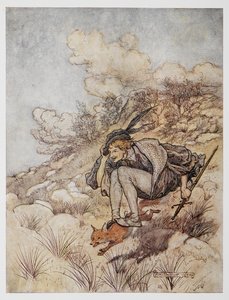 Illustration aus Der goldene Vogel. Ein Prinz reitet auf einem Fuchs