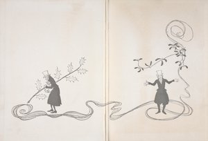 Illustration von Scrooge. Auf der einen Seite ist er mit einem Stechpalmenzweig dargestellt, wie er eine Geldtasche hält und wütend aussieht. Auf der anderen Seite ist er mit einem Mistelzweig dargestellt und sieht glücklich aus. von Arthur Rackham