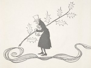 Illustration von Scrooge, dargestellt mit einem Stechpalmenzweig, der eine Geldtasche hält und wütend aussieht.