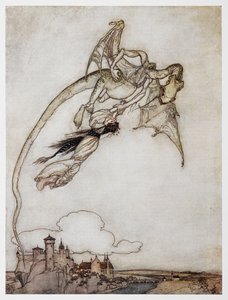 Illustration eines Drachen, der die Prinzessin entführt, aus Die vier klugen Brüder von Arthur Rackham