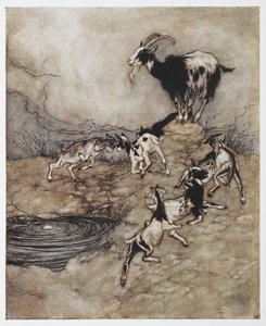 Illustration einer Ziege und ihrer jungen Kitze beim Spielen aus 