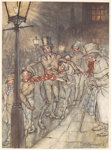 Illustration einer Straßenszene am Heiligabend mit Bob Cratchit und Kindern von Arthur Rackham