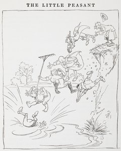 Illustration von Männern, die von einer Klippe in einen Teich springen, aus Die kleinen Bauern von Arthur Rackham