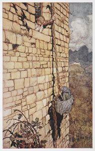 Illustration der Hexe, die Rapunzels Haar hinaufklettert.
