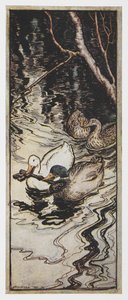Illustration von zwei Enten, die einen Schlüssel tragen, aus Die Bienenkönigin von Arthur Rackham