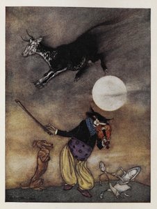 Illustration zu einem Kinderreim. Eine Kuh springt über den Mond. Eine Katze spielt Geige. Ein Hund. Ein Teller läuft mit einem Löffel weg von Arthur Rackham