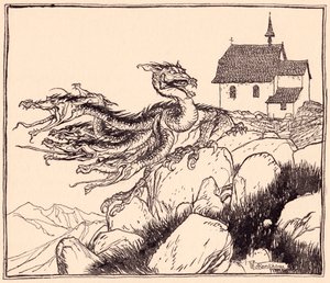 Es dauerte nicht lange, bis der siebenköpfige Drache laut brüllend kam. Illustration von Arthur Rackham aus Grimms Märchen Die zwei Brüder.