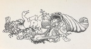 Gegenstände von einem Weihnachtsfest, die aus einem hornförmigen Behälter herausfallen. Dazu gehören ein Weihnachtskuchen, Würstchen, ein Truthahn, ein Schwein, eine Ente, ein Fasan, eine Pastete und Früchte.