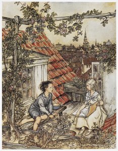 "Kay und Gerda in ihrem Garten hoch oben auf dem Dach". Zwei Kinder sitzen auf dem Dach eines Hauses. Illustration für 