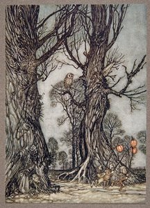 Fackelträger laufen vorneweg und tragen Winterkirschen, aus Peter Pan in Kensington Gardens von J M Barrie, veröffentlicht 1906 von Arthur Rackham