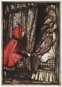 Rotkäppchen und der Wolf verkleidet als ihre Großmutter von Arthur Rackham