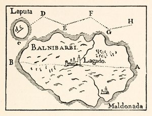 Karte von Laputa (fliegende Insel oben rechts) und Balnibarbii (Hauptstadt Maldonada), aus Teil III: Eine Reise nach Laputa, Balnibarbi, Luggnagg, Glubbdubdrib und Japan in Gullivers Reisen von Jonathan Swift