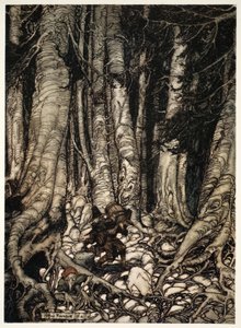 Sie halfen sich gegenseitig und kletterten eine enge Schlucht hinauf., aus Rip Van Winkle von Washington Irving, veröffentlicht 1910 von Arthur Rackham